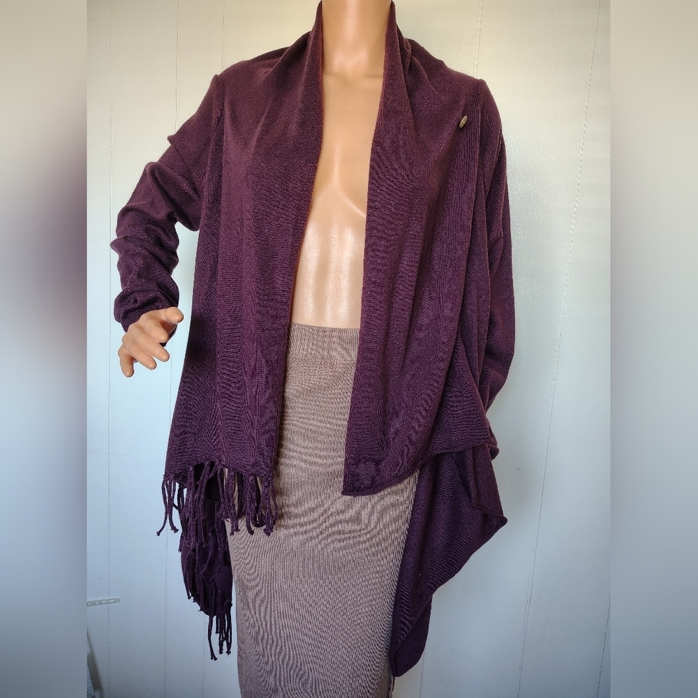 She + Sky Plum Open-Front Fringe Draped Cardigan. Size L